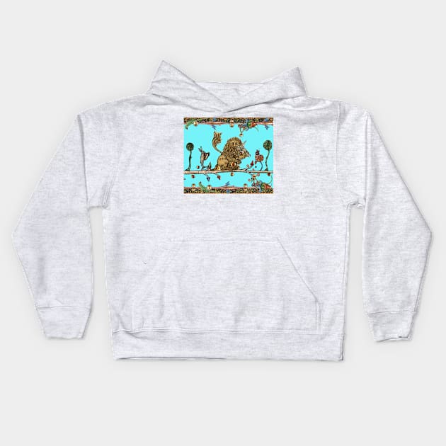 WEIRD MEDIEVAL BESTIARY MAKING MUSIC Violinist Lion,Hare,Snail Cat in Blue Turquoise Kids Hoodie by BulganLumini